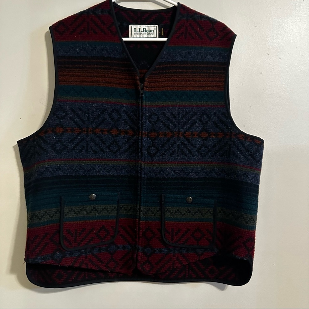 VTG LL Bean Mens Aztec USA Made Western Full Zip Chore Woolen Stripe Vest Sz L